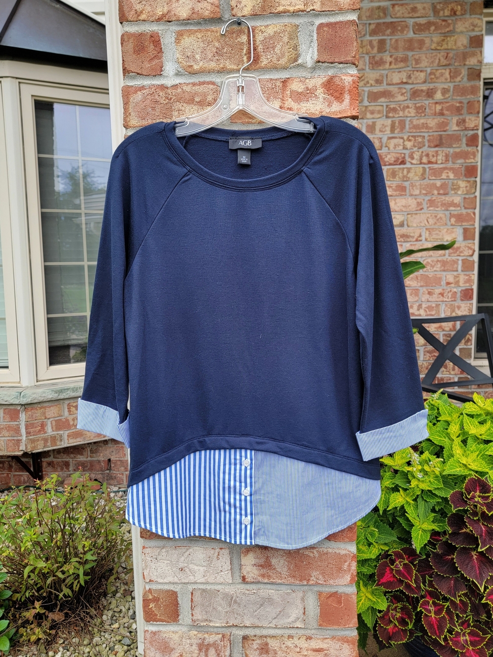 AGB Navy Layered-Look Top with Blue And White-Striped Hem